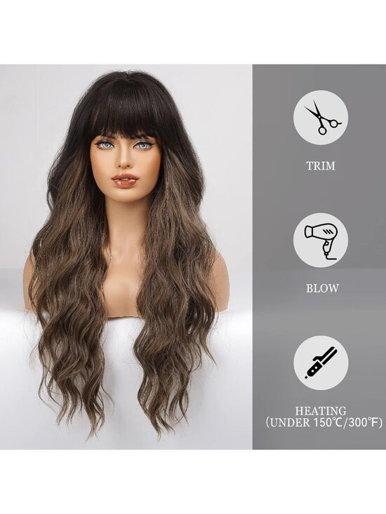 Women\'s Ombre Brown Heat Resistant Long Curly Wavy Synthetic Wig Bang Size 26In main image 5